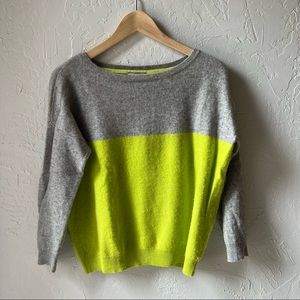 Cashmere Sweater Colorblock Neon Yellow Green Gray L